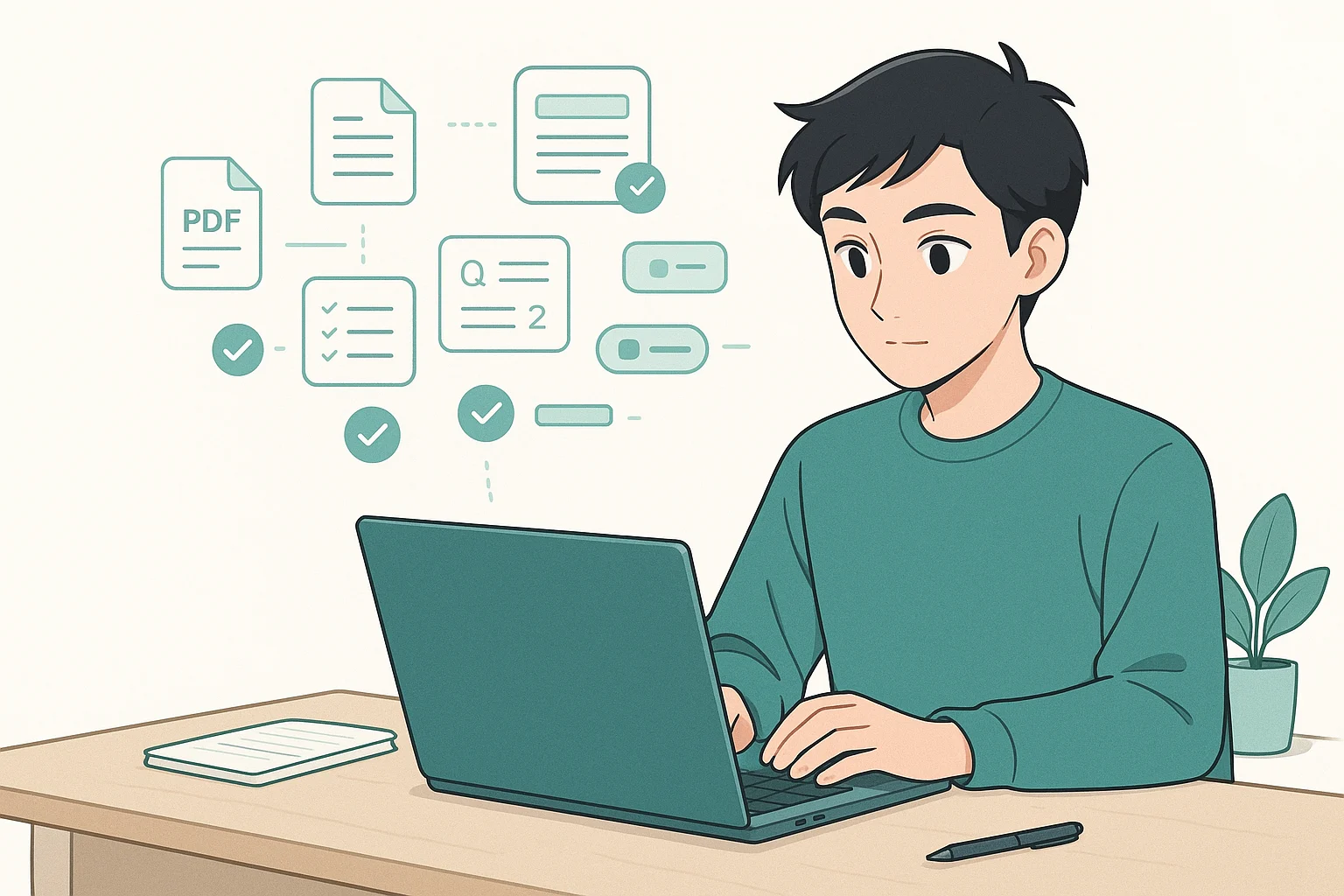 Focused student using PDF Notes AI as PDF pages turn into notes, flashcards, quiz cards, and page references
